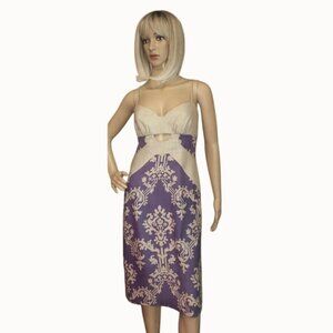 Nicole Miller Strappy Beige & Purple Cutout Midi Dress With Ornate Print Size M